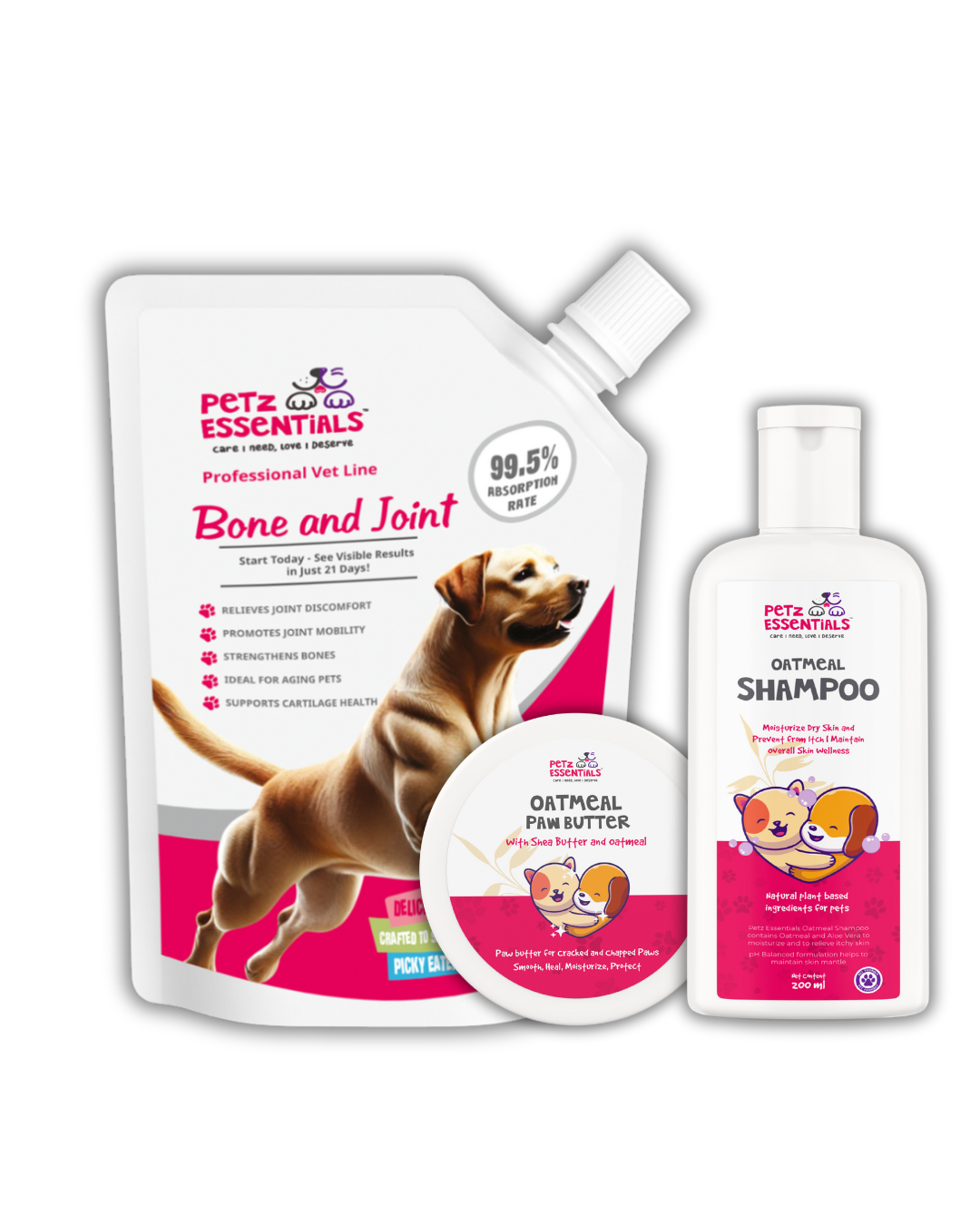 🐾 Petz Essentials Bundle – Bone & Joint + Oatmeal Shampoo + Paw Butter at Special Bundle Price: ₹999