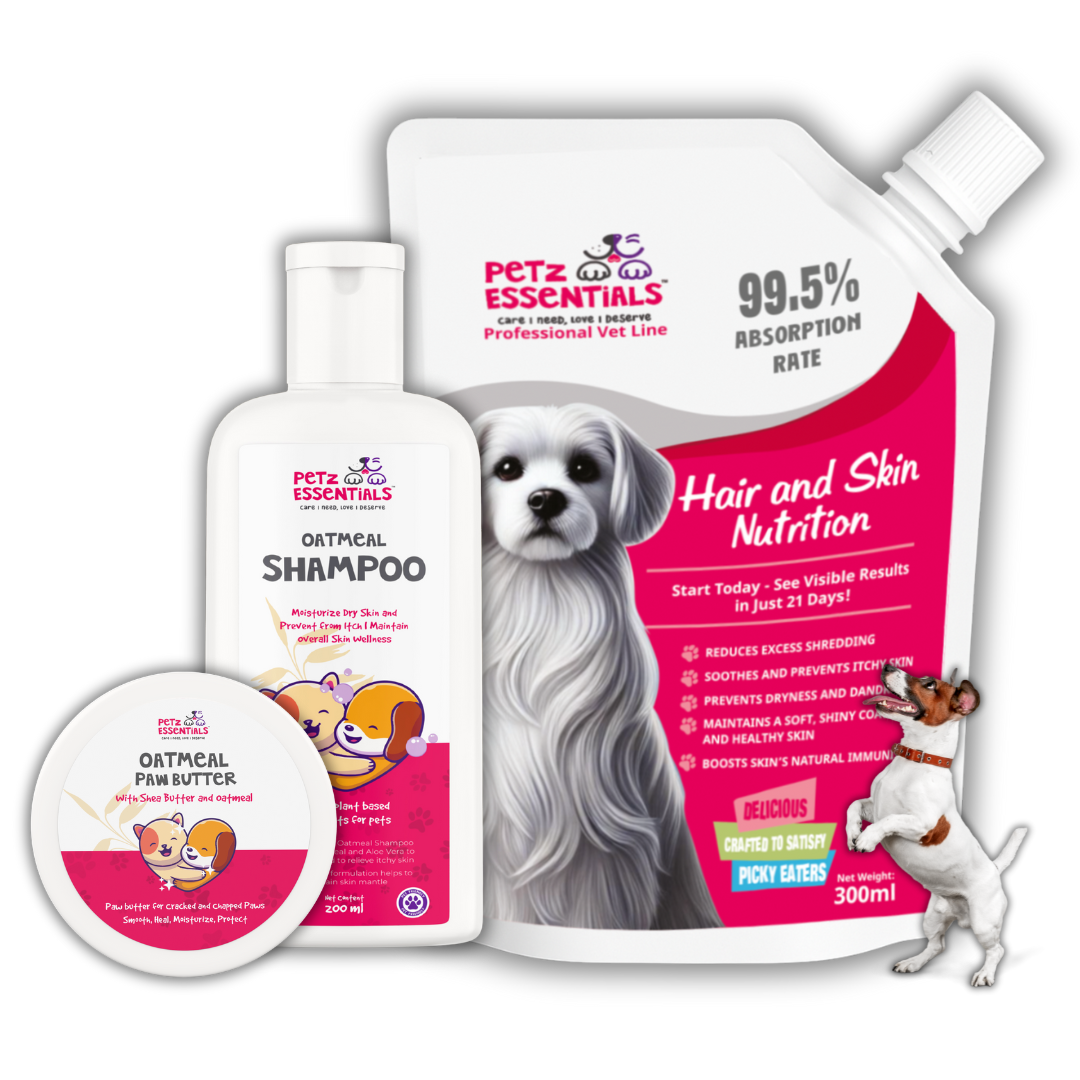 Petz Essentials Skin & Coat Care Bundle | Hair & Skin Nutrition Oral Paste (300ml) + Nourishing Dog Shampoo + Soothing Paw Cream | All Breeds & Ages | Bundle Worth ₹2997 at Just ₹1399