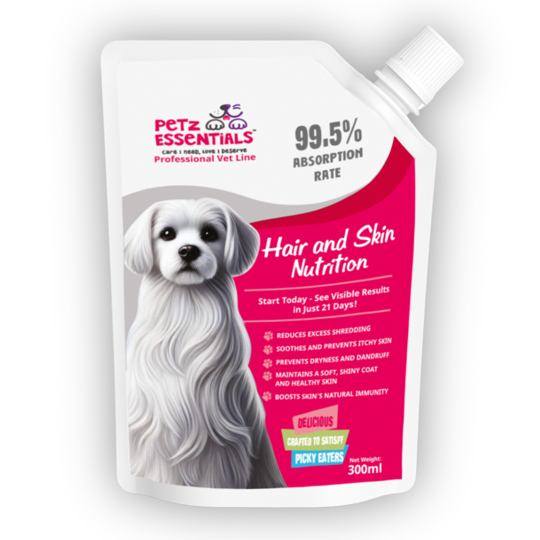 Petz Essentials Hair and Skin Nutrition for Dogs – 300ml | Omega 3, Biotin & Zinc Enriched Supplement for Healthy Skin & Shiny Coat | Vet Approved, Tasty & Easy to Feed
